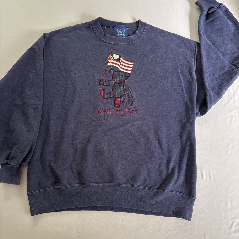 VTG 90s Oarsman 913 Nantucket Bear Sweatshirt Large Blue Embroidered USA Made